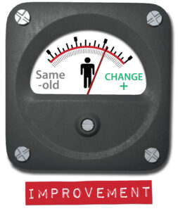 a guage with on the left 'same old' and on the right 'change' under it has the word improvement